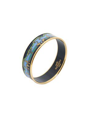 Hermes Enamel Bangle Navy Green Gold Print Motif Bracelet